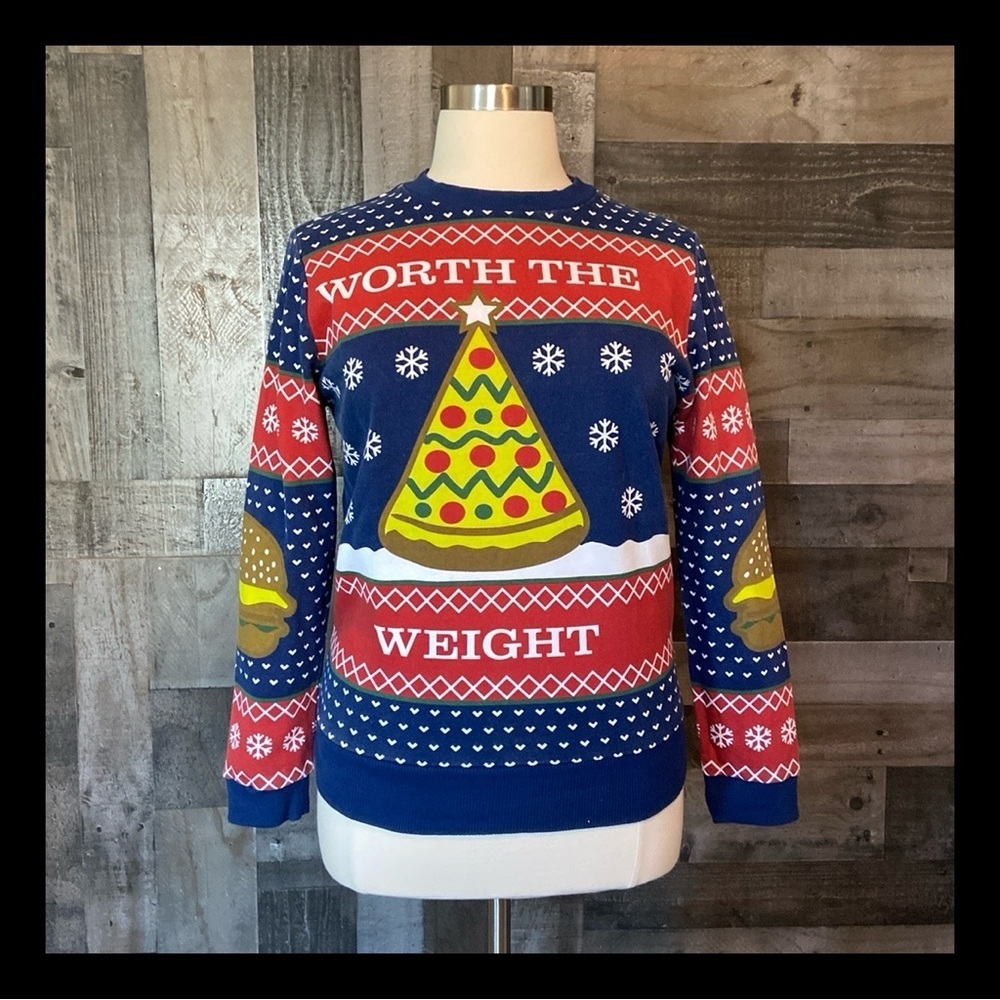 Men’s Mad Engine Christmas ugly sweater large humor pizza festive holiday party